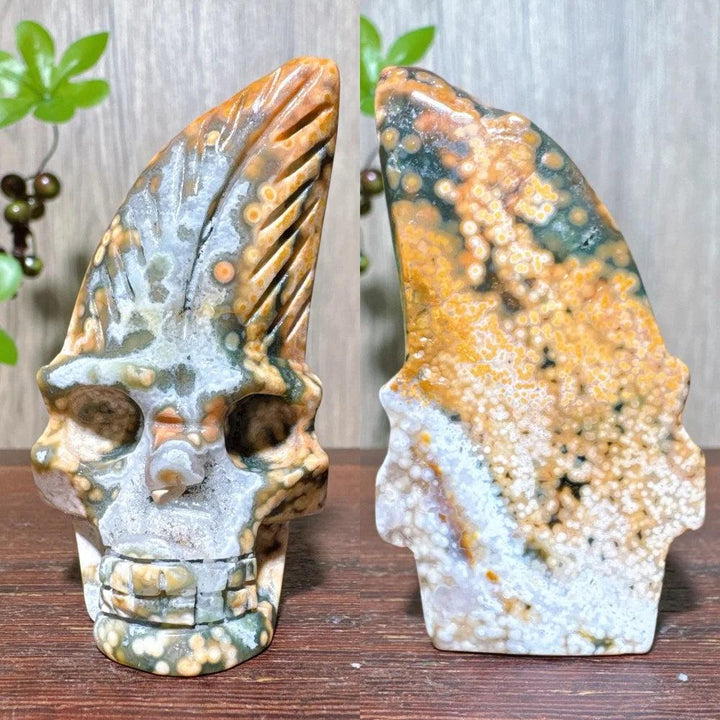 Extraordinary Ocean Jasper Skull Carving with raw druzy, showcasing swirling orbs and vibrant colors for transformation.