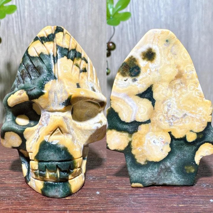 Extraordinary Ocean Jasper Skull Carving with Raw Druzy, a unique hand-carved crystal for transformation and wisdom.