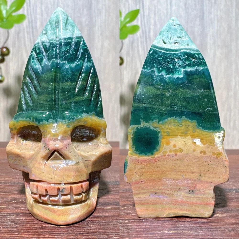 Extraordinary Ocean Jasper Skull Carving with Raw Druzy, a unique hand-carved crystal for transformation and wisdom.