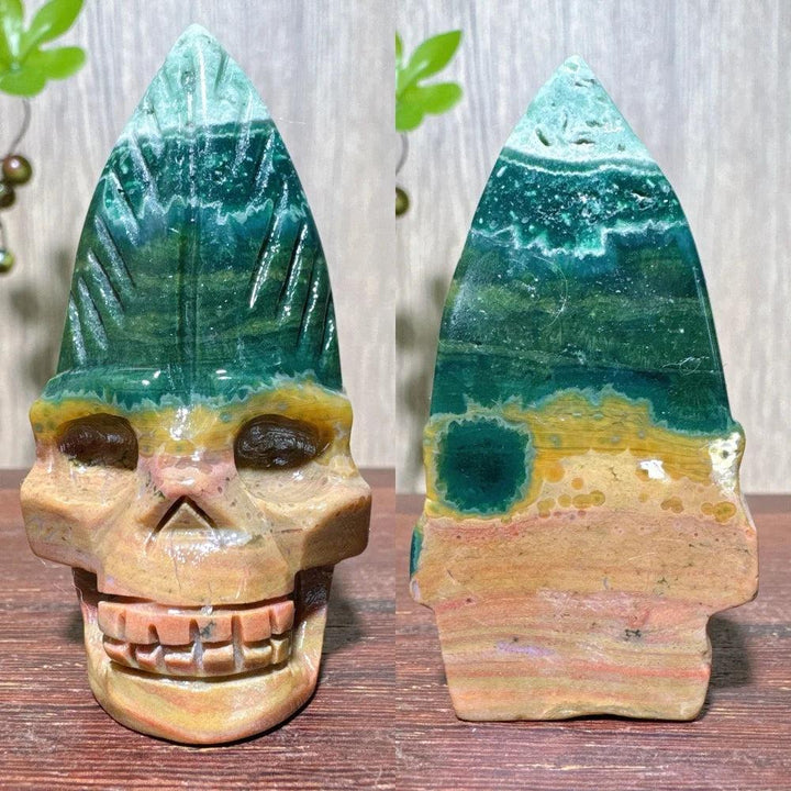 Extraordinary Ocean Jasper Skull Carving with Raw Druzy, a unique hand-carved crystal for transformation and wisdom.