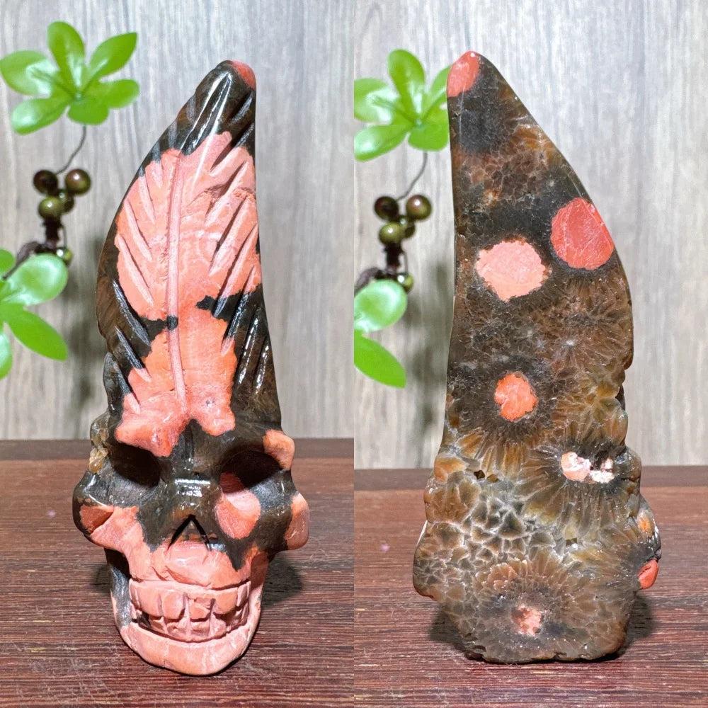 Extraordinary Ocean Jasper Skull Carving with Raw Druzy, a unique piece for transformation and wisdom.