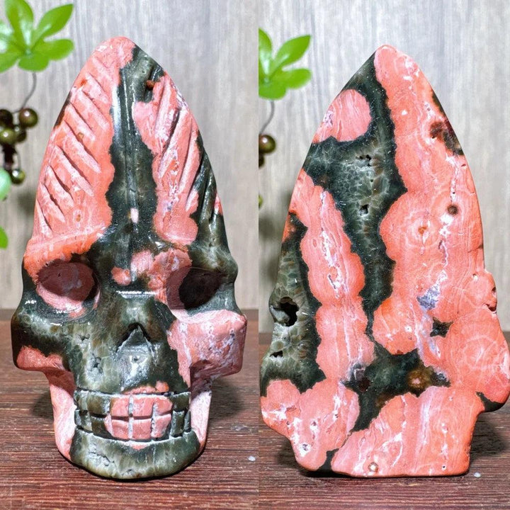Extraordinary Ocean Jasper Skull Carving with Raw Druzy, a unique hand-carved crystal for transformation and wisdom.
