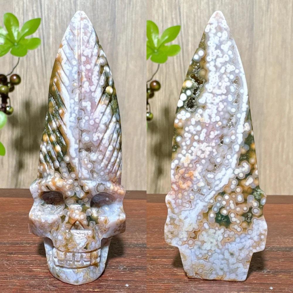 Extraordinary Ocean Jasper Skull Carving with Raw Druzy. Unique, hand-carved crystal for transformation and wisdom.