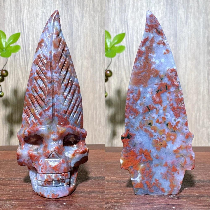 Extraordinary Ocean Jasper Skull Carving with Raw Druzy. Unique red and blue jasper skull for transformation and wisdom.