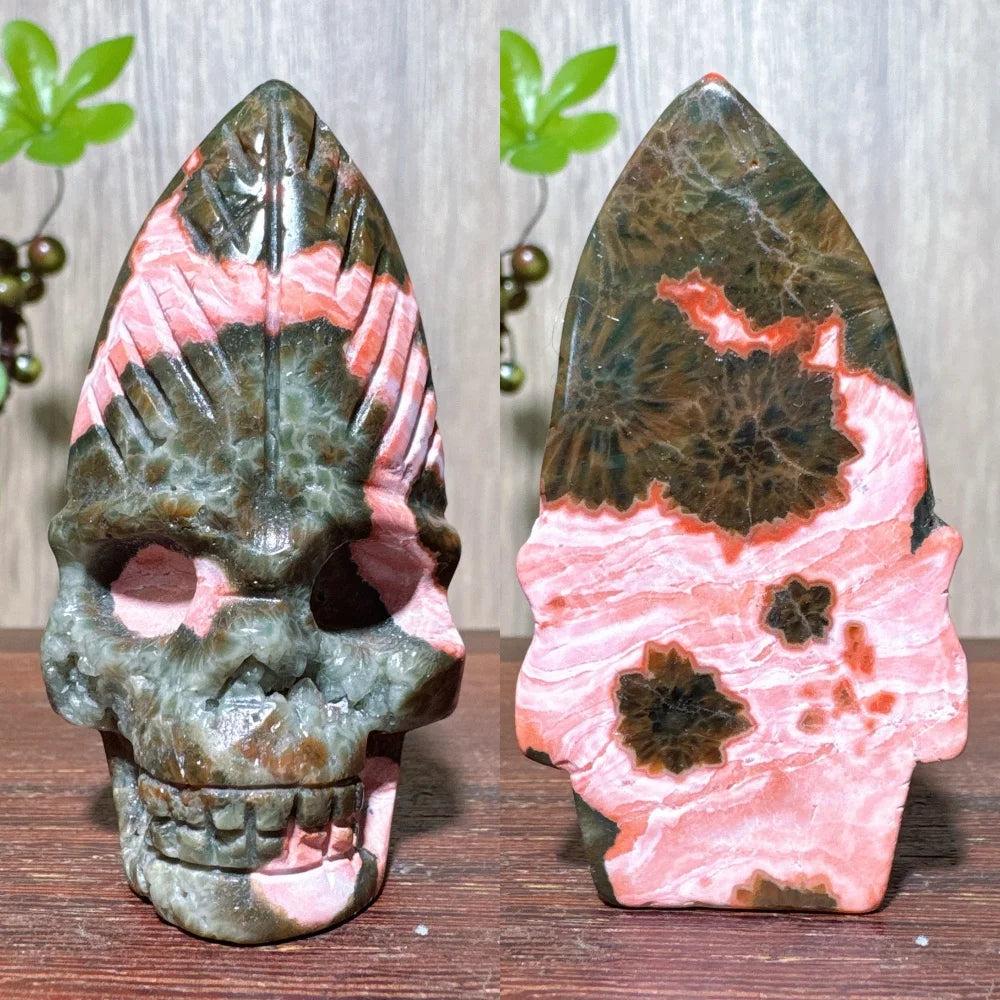 Extraordinary Ocean Jasper Skull Carving with Raw Druzy, showcasing swirling pink, green, and brown patterns.