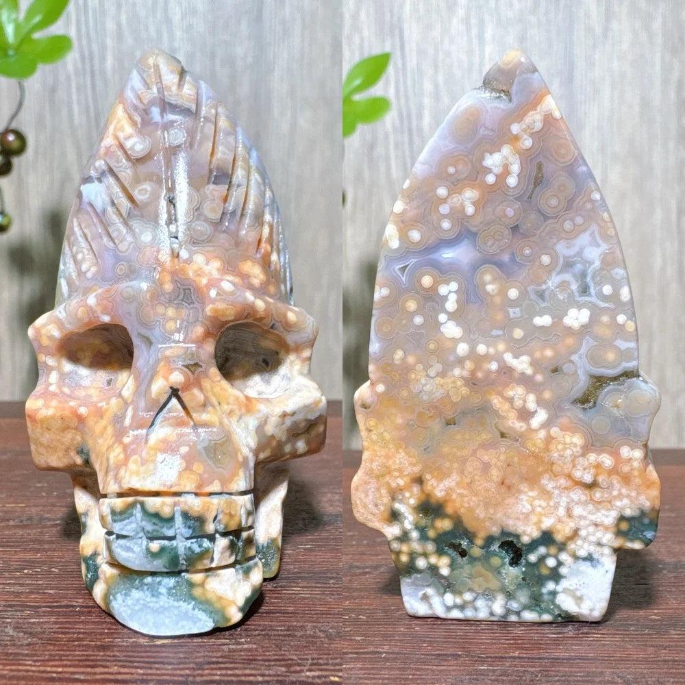 Extraordinary Ocean Jasper Skull Carving with raw druzy, showcasing swirling orbs, rings, and color fields.