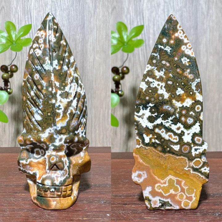 Extraordinary Ocean Jasper Skull Carving with Raw Druzy, a unique, hand-carved crystal for transformation and wisdom.