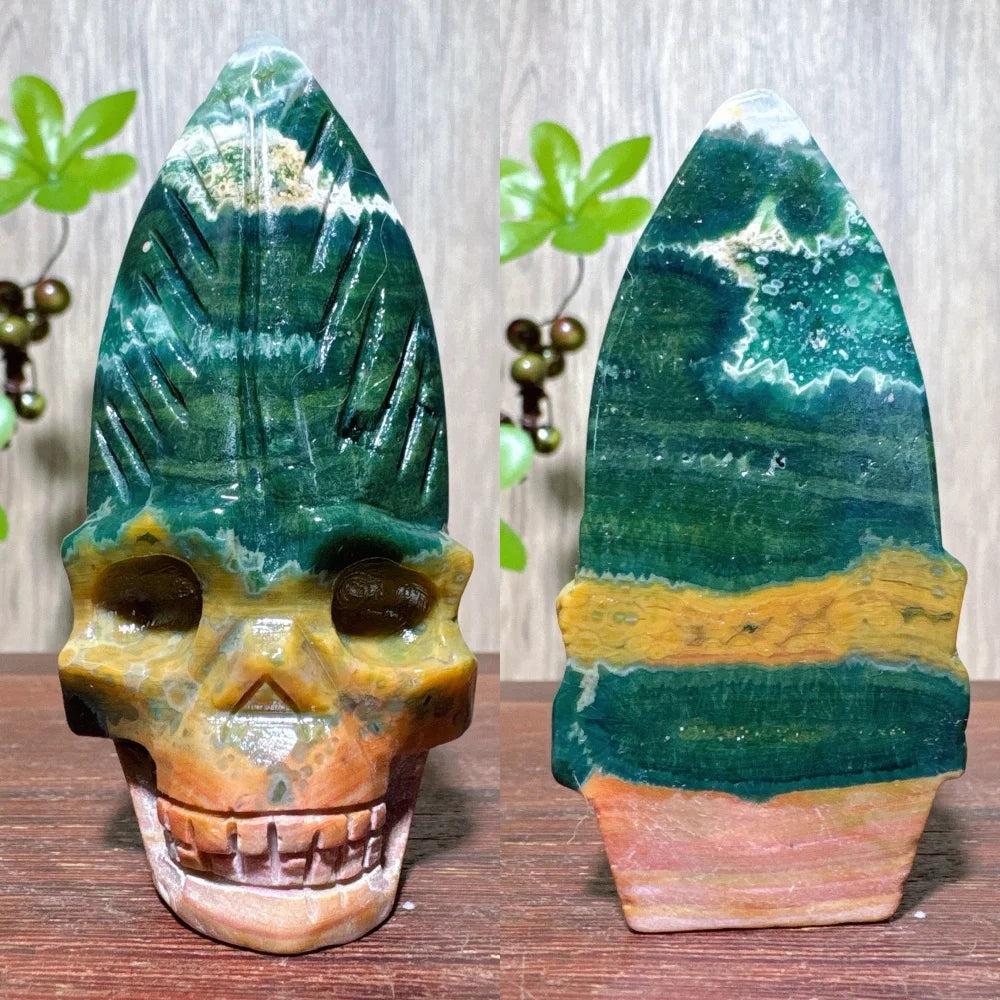 Extraordinary Ocean Jasper Skull Carving with Raw Druzy, a unique green, yellow, and orange crystal for transformation.