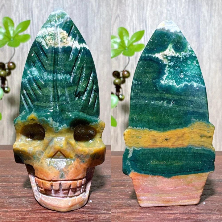 Extraordinary Ocean Jasper Skull Carving with Raw Druzy, a unique green, yellow, and orange crystal for transformation.