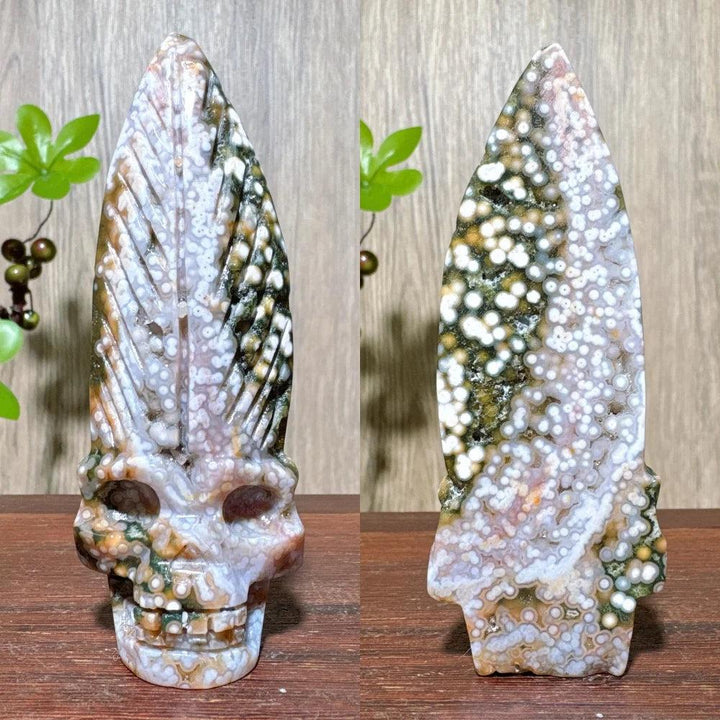 Extraordinary Ocean Jasper Skull Carving with Raw Druzy, a unique crystal for transformation and wisdom.