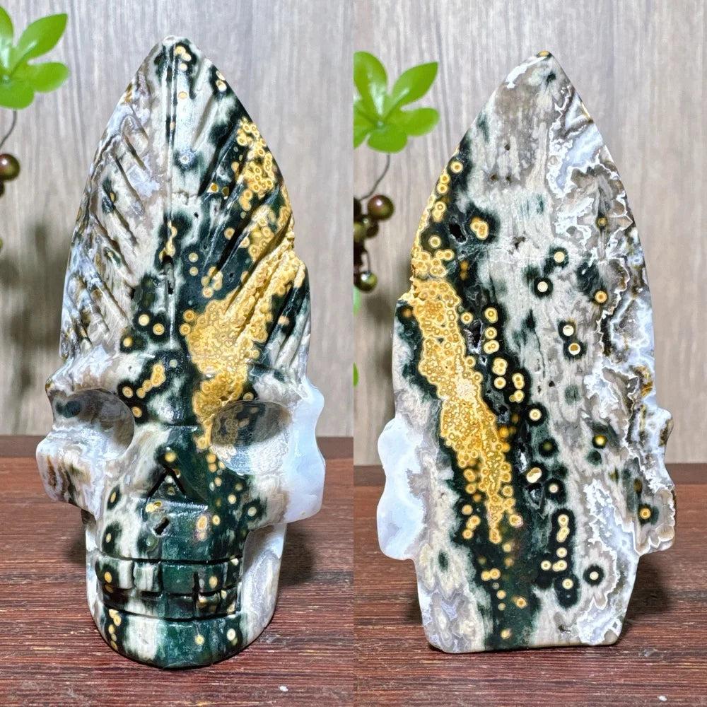 Extraordinary Ocean Jasper Skull Carving with raw druzy, a unique hand-carved crystal for transformation and wisdom.