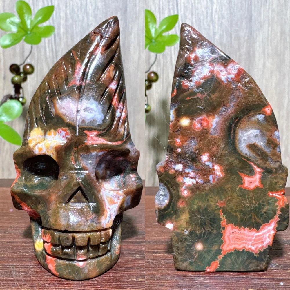 Extraordinary Ocean Jasper Skull Carving with Raw Druzy. Unique, hand-carved crystal for transformation and wisdom.