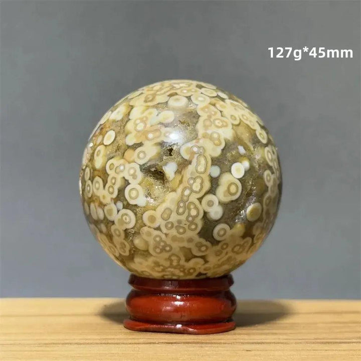 Ocean Jasper sphere from Crystal Destiny, featuring unique orbicular patterns in cream, green, and brown on a red base.