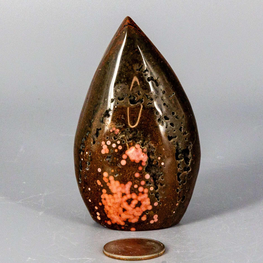 Crystal Destiny's large Ocean Jasper Torch Freeform (198g) with fiery red-orange orbs on deep brown.