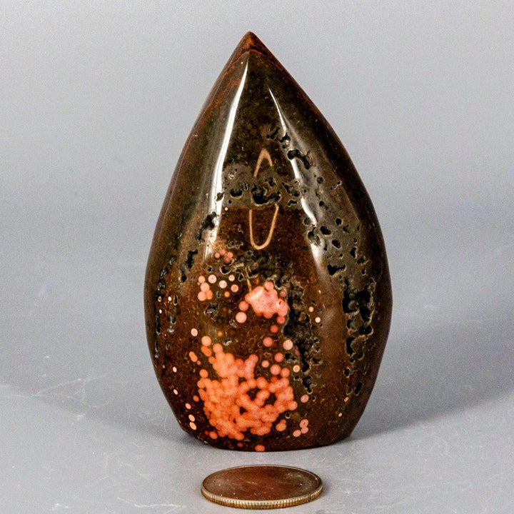 Crystal Destiny's large Ocean Jasper Torch Freeform (198g) with fiery red-orange orbs on deep brown.