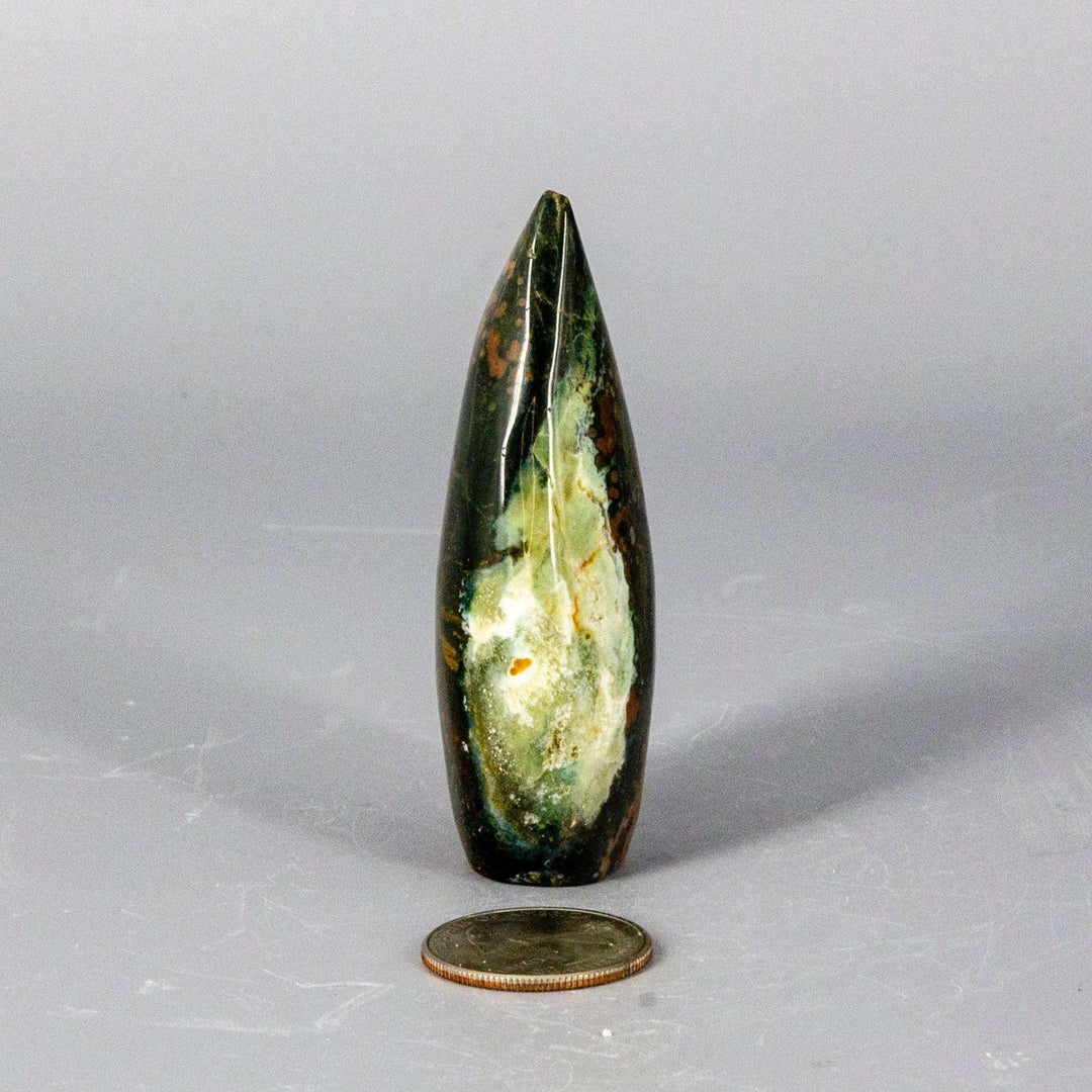 Ocean Jasper Torch Freeform from Crystal Destiny, a small, tapered crystal with green, white, and brown swirls.
