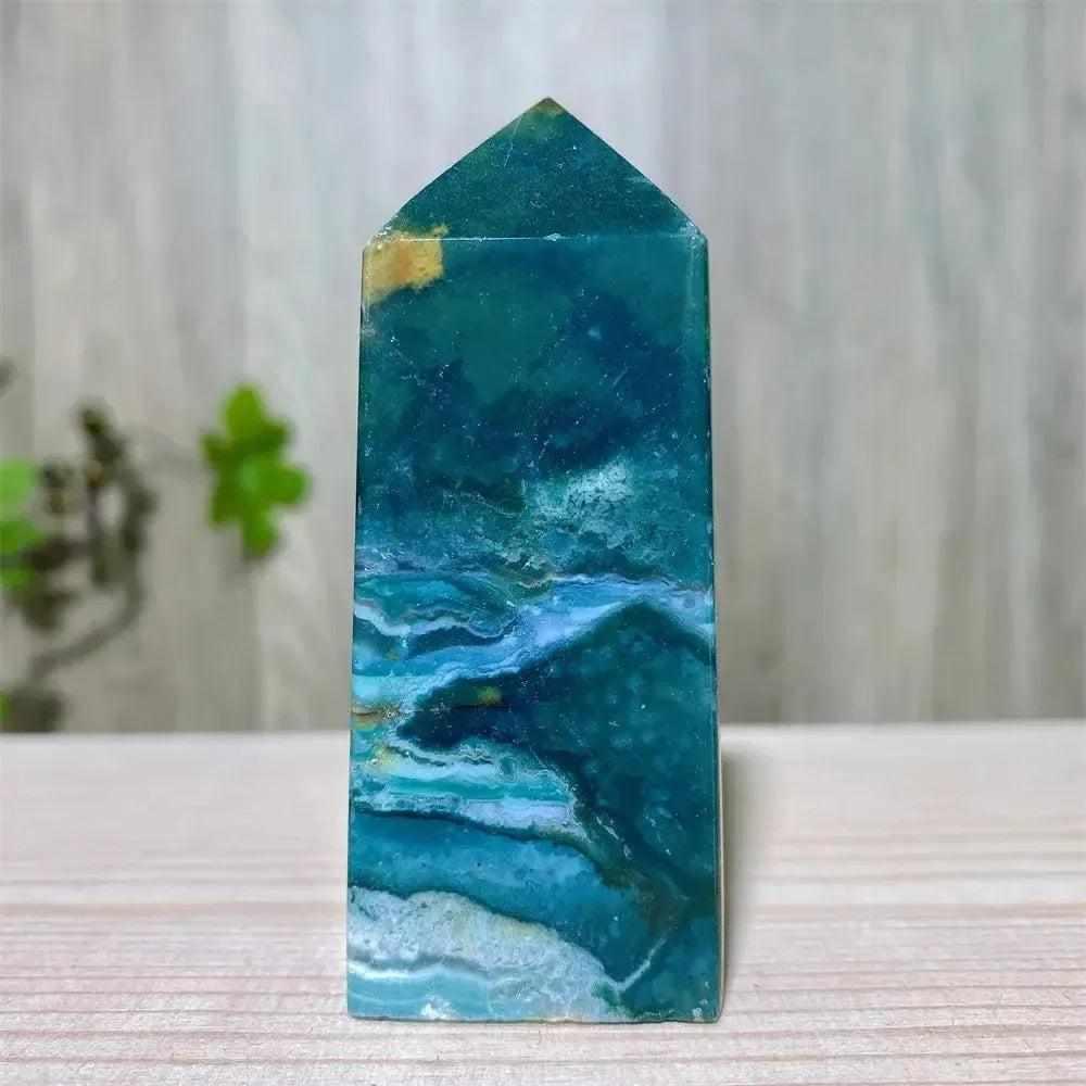 Ocean Jasper Tower Blue with Moss Agate Druzy – Crystal Destiny