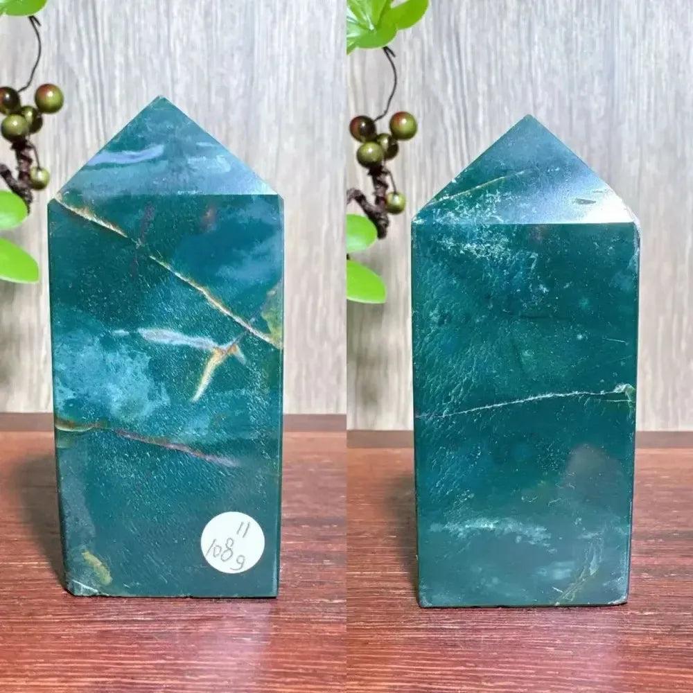 Polished green Ocean Jasper tower with natural swirling patterns and subtle druzy, ideal for Heart and Throat Chakra healing.