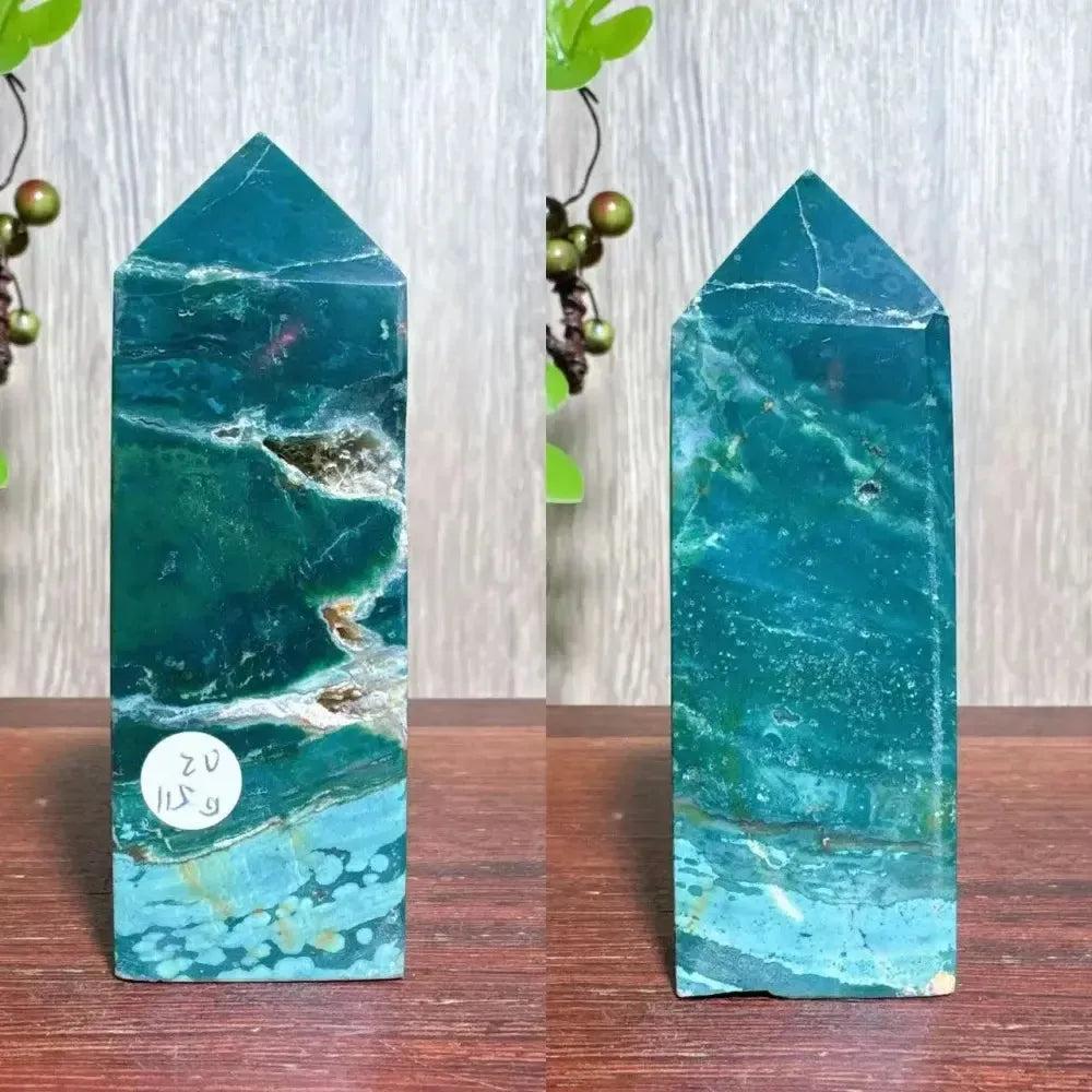 Polished blue Ocean Jasper tower with swirling green and cream patterns, natural druzy, and pointed top.