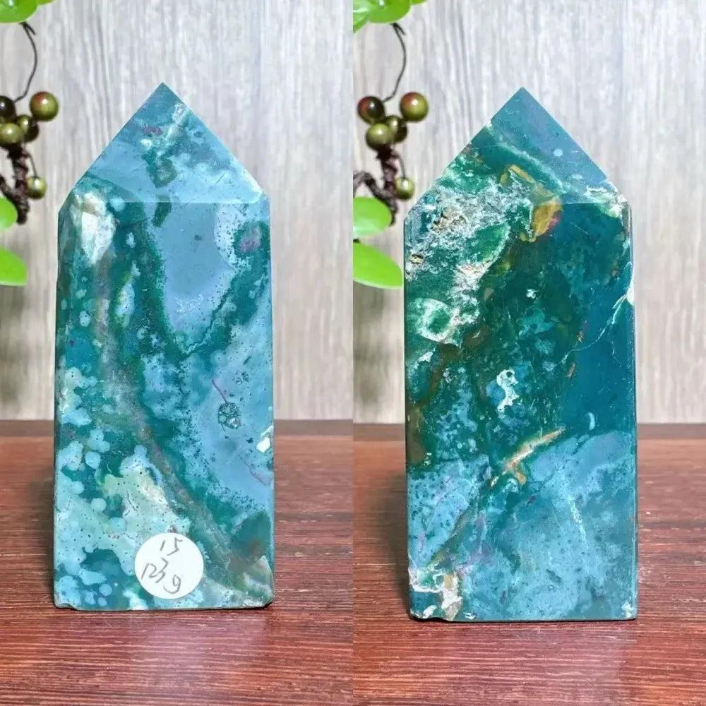 Polished blue Ocean Jasper tower with swirling green patterns and natural druzy, ideal for Heart & Throat Chakra.
