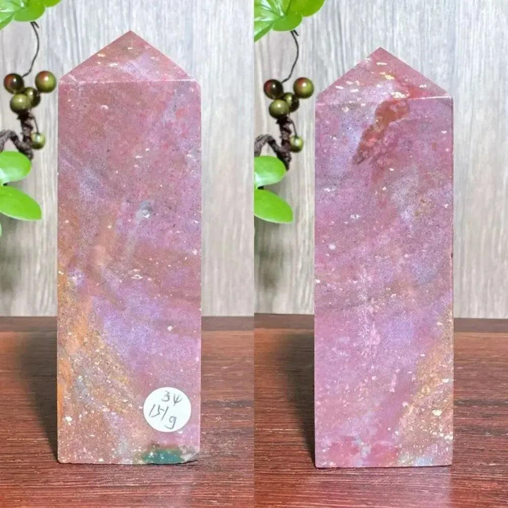 Polished Ocean Jasper tower with swirling blue, cream, and green patterns, featuring sparkling Moss Agate druzy inclusions.