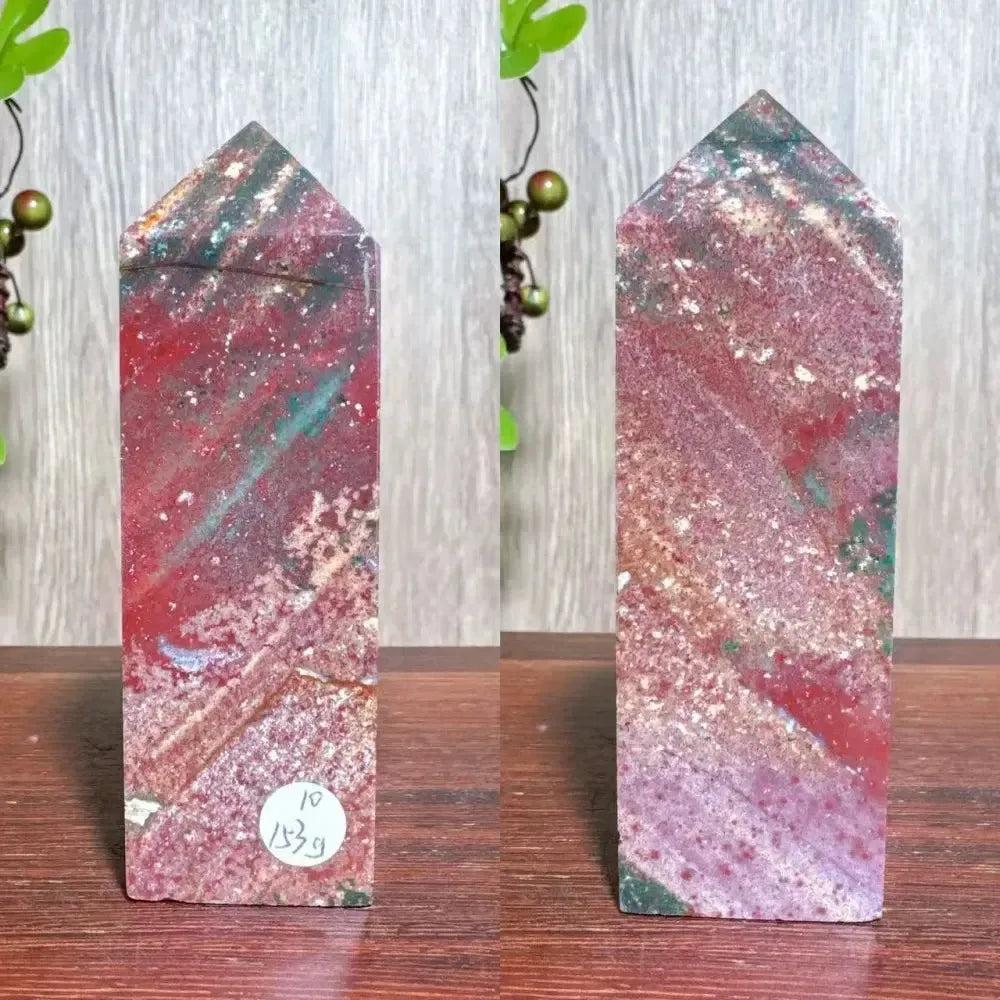 Polished Bloodstone crystal tower with deep red, green, and white speckles, ideal for strength and vitality.