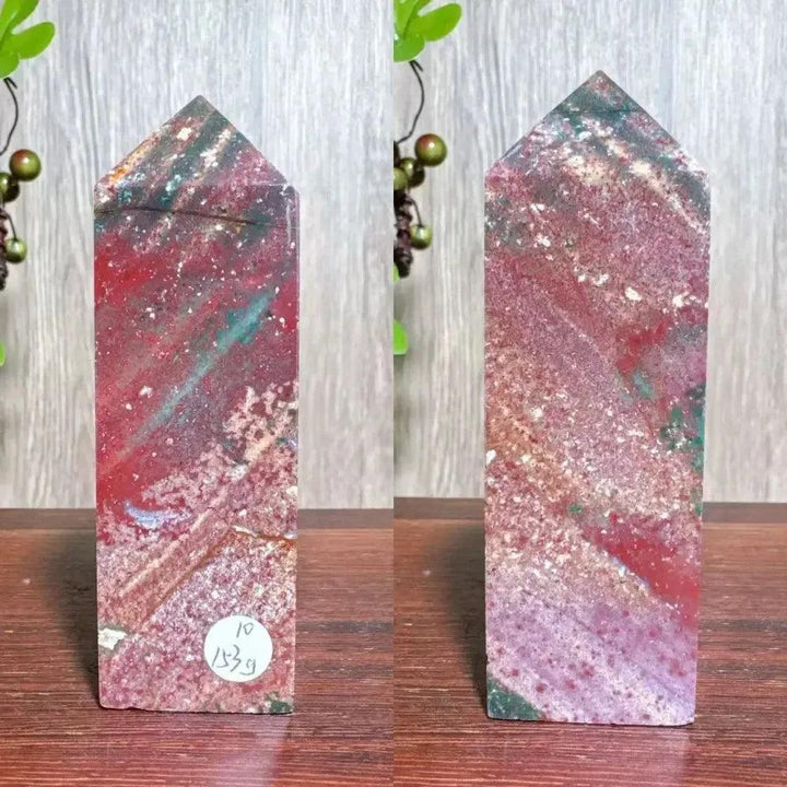 Polished Bloodstone crystal tower with deep red, green, and white speckles, ideal for strength and vitality.