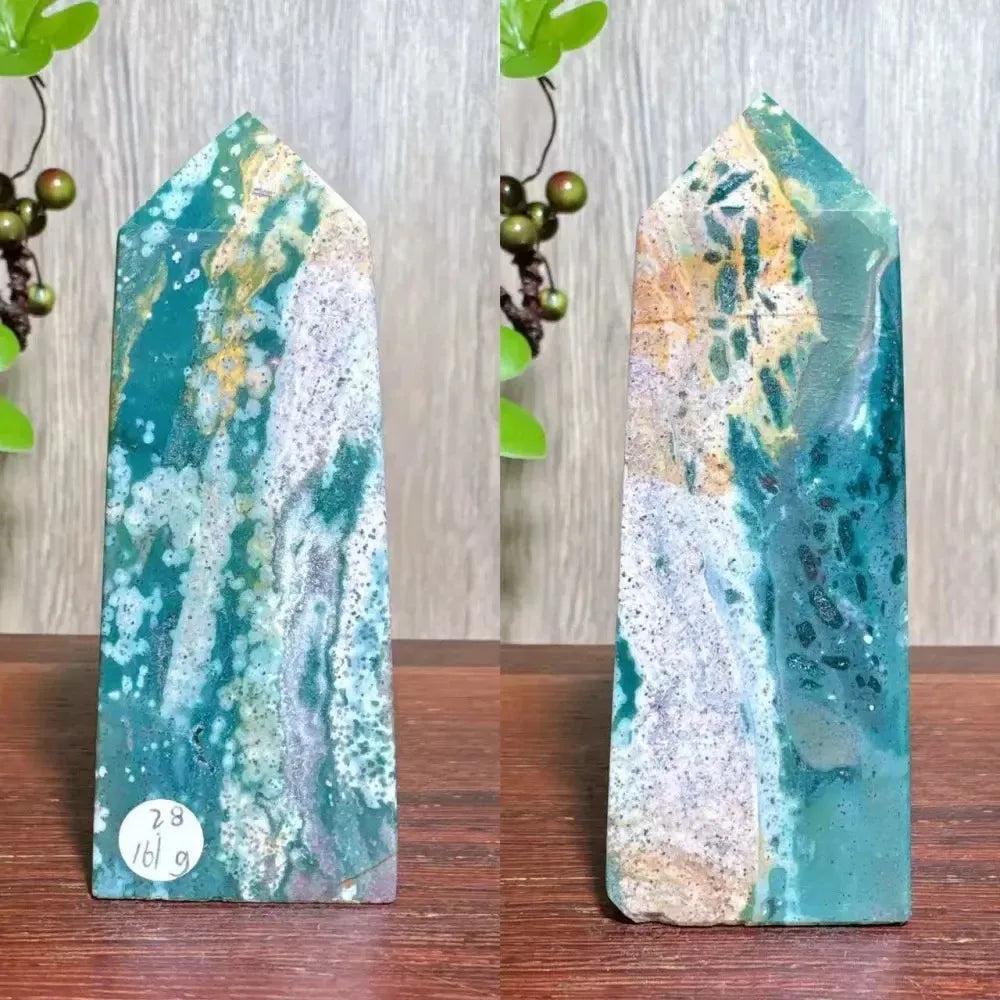 Polished blue, green, and cream Ocean Jasper tower with swirling orb patterns and sparkling druzy, ideal for Heart and Throat Chakras.