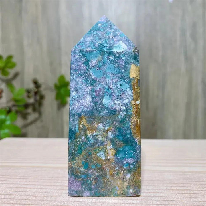 Polished Ocean Jasper tower with swirling blue, green, and cream patterns, featuring sparkling druzy inclusions.