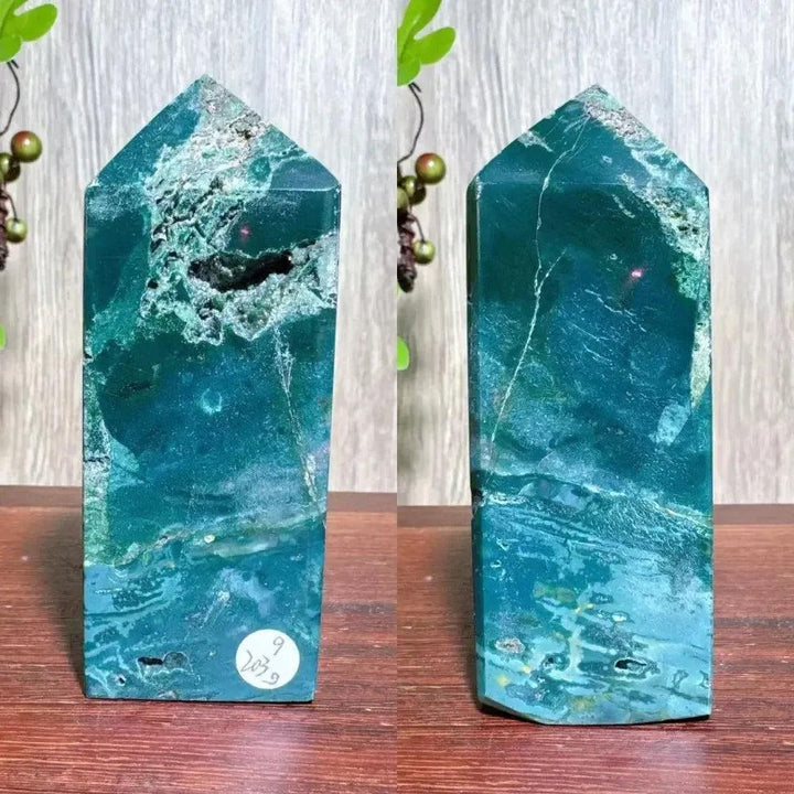 Polished blue Ocean Jasper tower with swirling patterns, moss agate druzy, and natural surface variations.