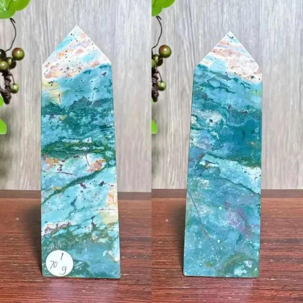 Ocean Jasper Tower Blue with Moss Agate Druzy – Crystal Destiny