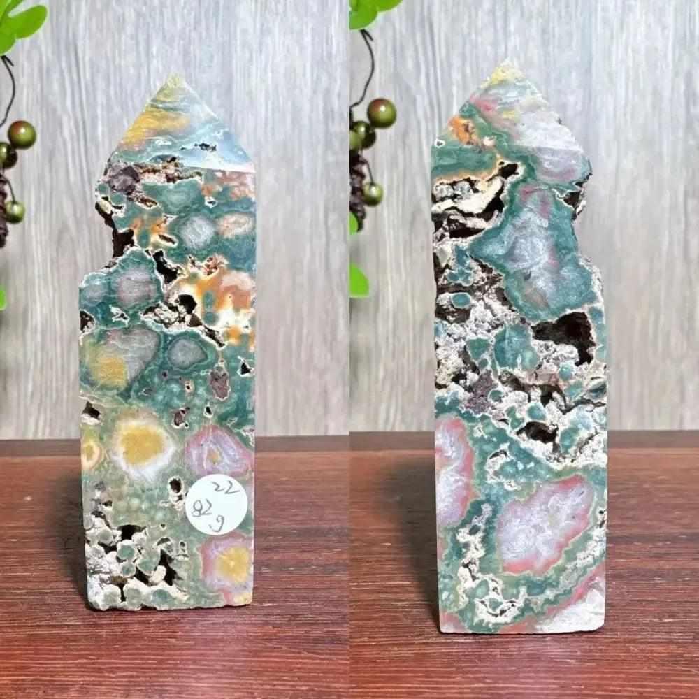 Ocean Jasper Tower Blue with Moss Agate Druzy – Crystal Destiny
