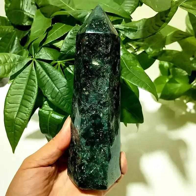 Polished dark green Ocean Jasper tower point with orbicular patterns, perfect for Heart Chakra meditation and decor.