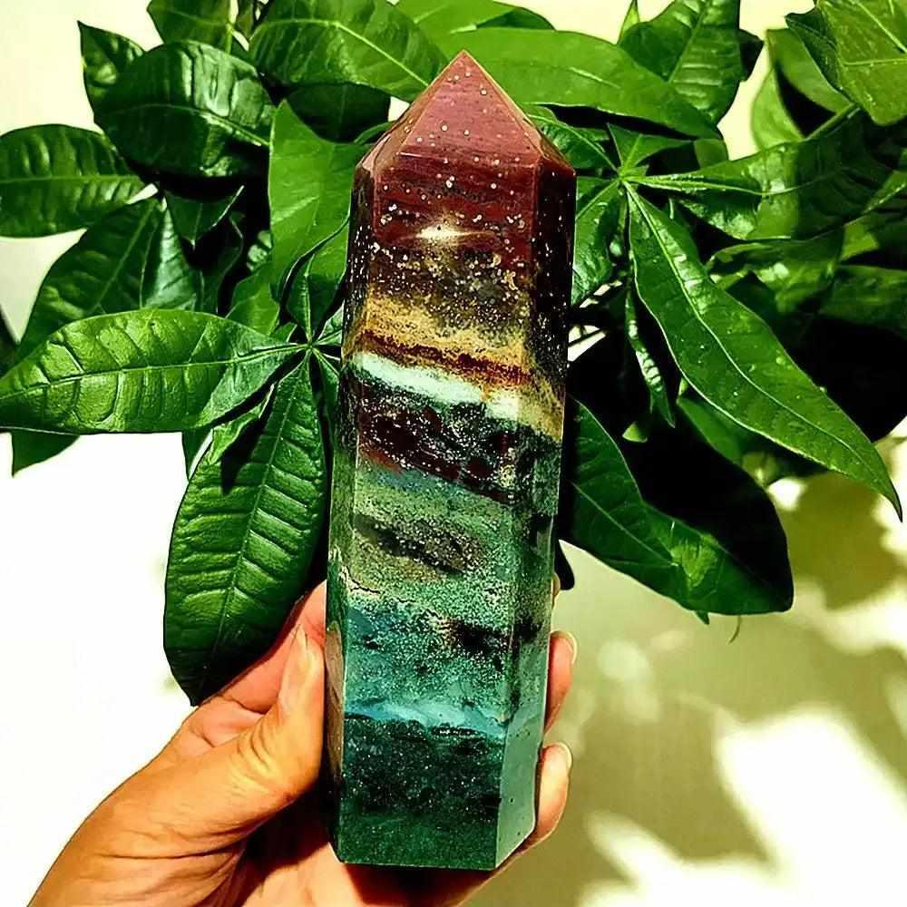 Polished Ocean Jasper tower point featuring vibrant green and red bands, perfect for Heart Chakra healing and display.