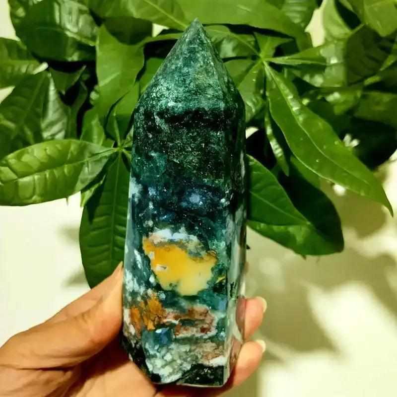 Polished Ocean Jasper tower point featuring deep green hues, vibrant orbs, and bands for heart chakra healing and display.