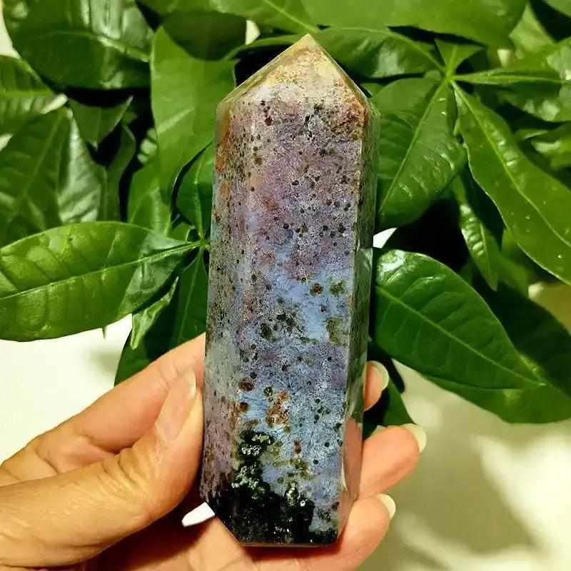Polished Ocean Jasper tower point featuring earthy orbicular patterns, perfect for Heart Chakra healing and home decor.