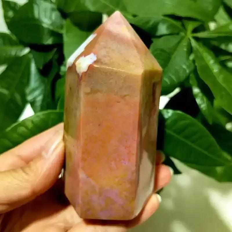 Polished Ocean Jasper tower point featuring warm earth tones, orbicular patterns, and calming energy for meditation.