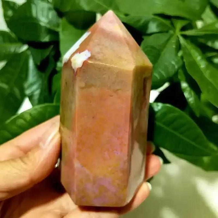 Polished Ocean Jasper tower point featuring warm earth tones, orbicular patterns, and calming energy for meditation.