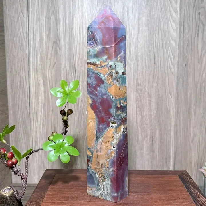 Large Ocean Jasper tower from Crystal Destiny, featuring vibrant greens, reds, yellows, and creams in orbicular patterns.