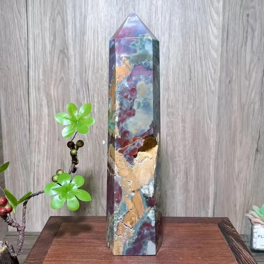 Large Ocean Jasper tower by Crystal Destiny, featuring vibrant orbicular patterns in green, red, yellow, and cream.