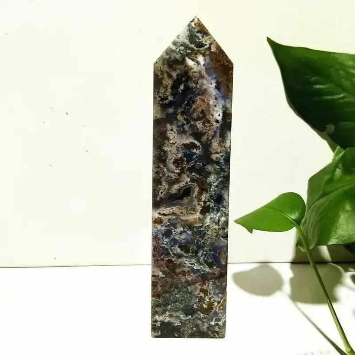 Tall Ocean Jasper tower wand featuring intricate sea green and cream orb patterns for heart chakra healing and tranquility.