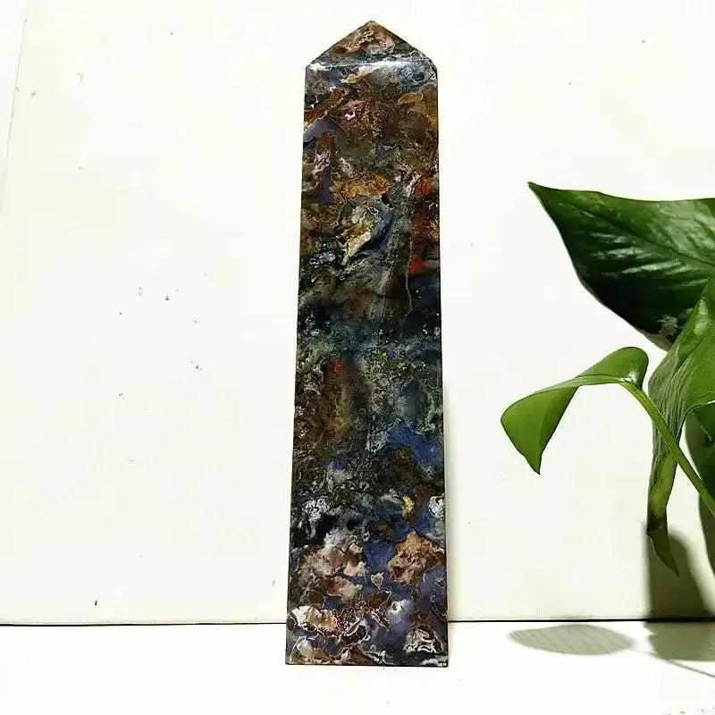 Polished Ocean Jasper tower wand featuring intricate sea green, cream, and pink orb patterns for Heart Chakra healing.