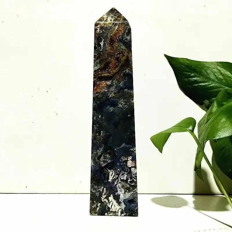 Tall Ocean Jasper tower wand featuring deep blue, cream, and earthy orb patterns for heart and throat chakra healing.