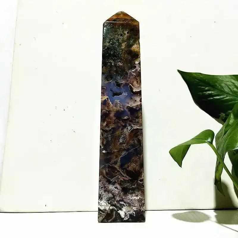 Polished Ocean Jasper tower wand featuring deep sea green, cream, and purple orb patterns for Heart Chakra healing.