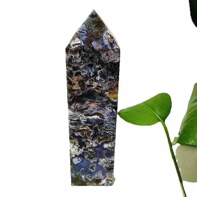 Tall Ocean Jasper tower wand featuring intricate blue, green, and cream orb patterns for heart and throat chakra healing.