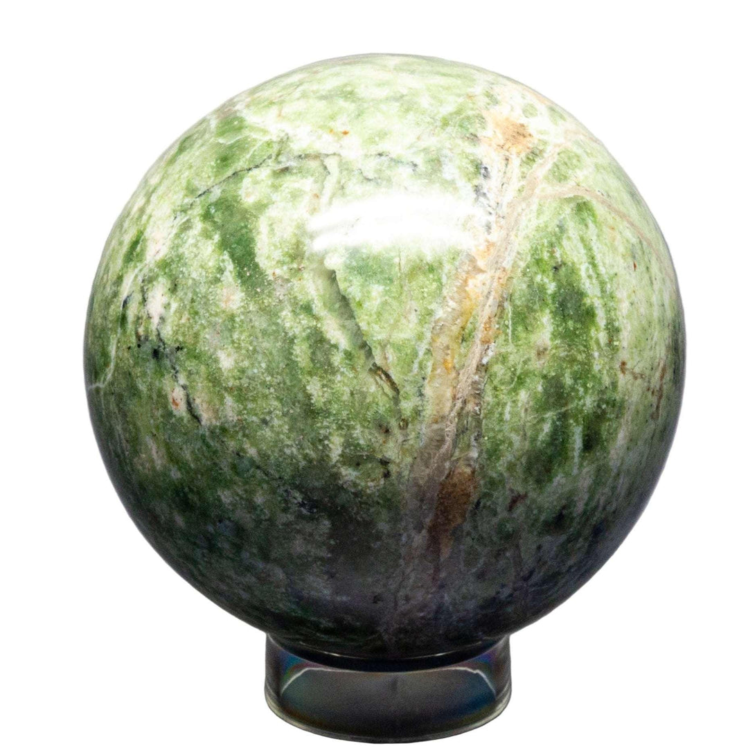 Olive Opal Sphere 75-76mm: Polished, warm, earthy green common opal with natural variations.