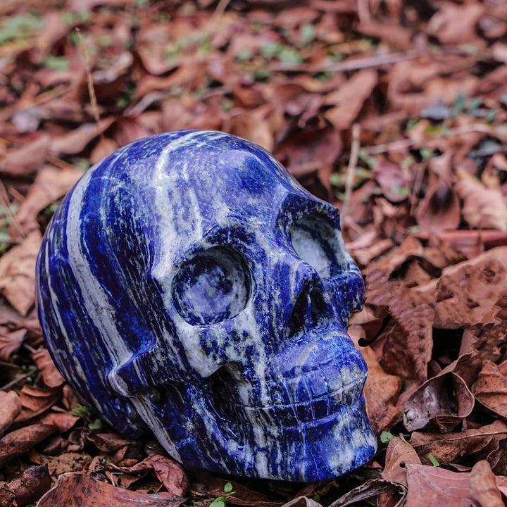 Large blue and white sodalite crystal skull, a polished stone carving for home decor, promoting clarity and inner peace.