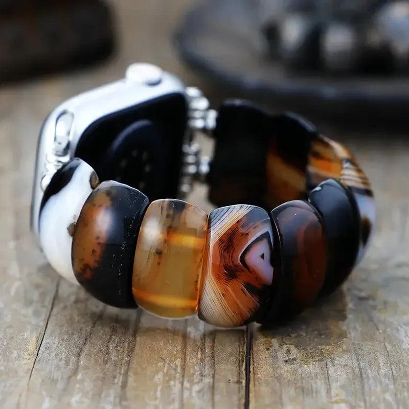 Black Onyx Apple iWatch Band: Elastic Bohemian Cuff with genuine black onyx beads, offering strength and protection.