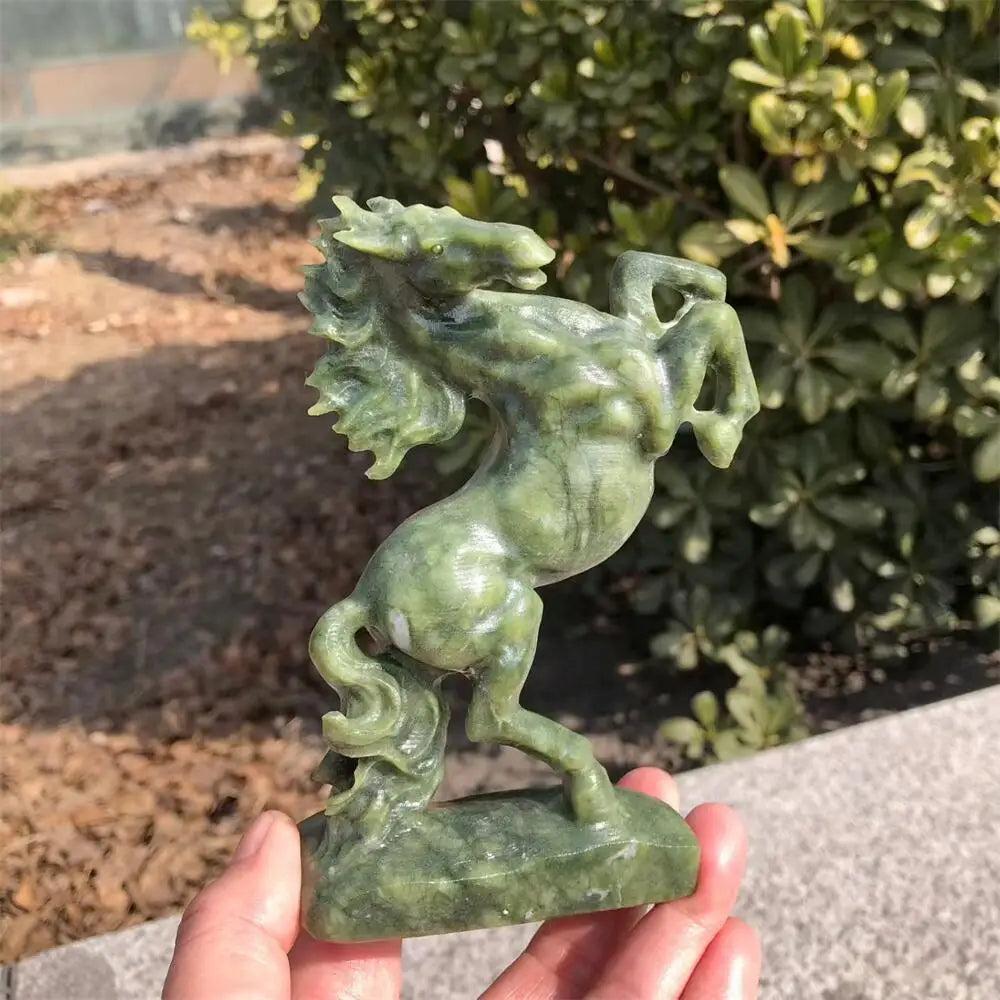 Polished Ophiolite crystal horse sculpture with deep green mottled tones for grounding energy and heart chakra healing.