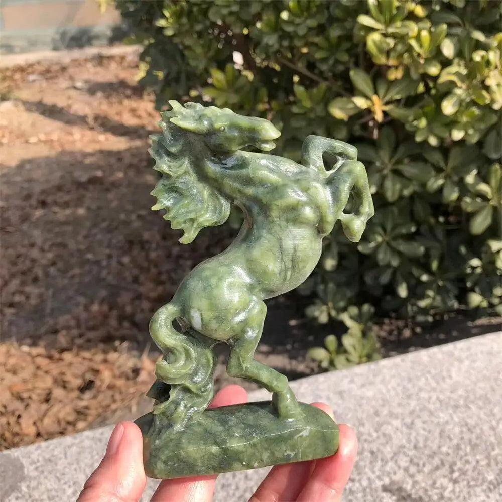Hand-carved Ophiolite crystal horse sculpture with deep green mottled tones and a polished, grounding finish.